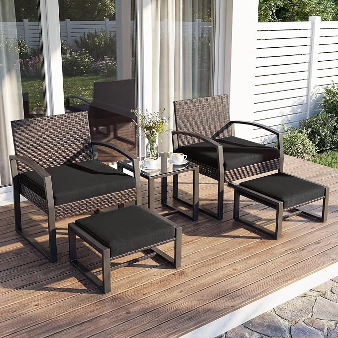 Tangkula 5 Pieces Wicker Patio Conversation Set, Outdoor PE Rattan Chair with Ottoman Set with Glass Side Table, 2-Person Small Balcony Furniture Seating Set with Cushions for Porch, Backyard, Deck
