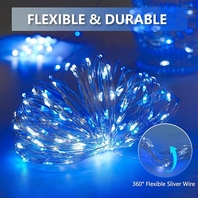 Solar Fairy Lights, 2 Pack Total 400LED 144FT Waterproof String Lights | Blue and White, Silver Wire, 8 Lighting Modes Solar Twinkle Lights for Tree Garden Patio Party Outdoor Christmas Decorations