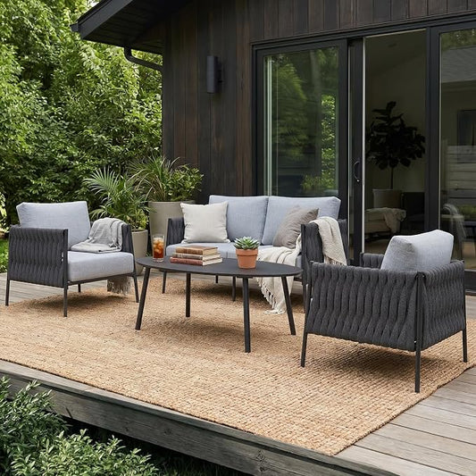 LayinSun 4 Piece Outdoor Furniture Set with Coffee Table, Modern Rope Woven Patio Conversation Sofa Set with Olefin Braid and Deep Seating