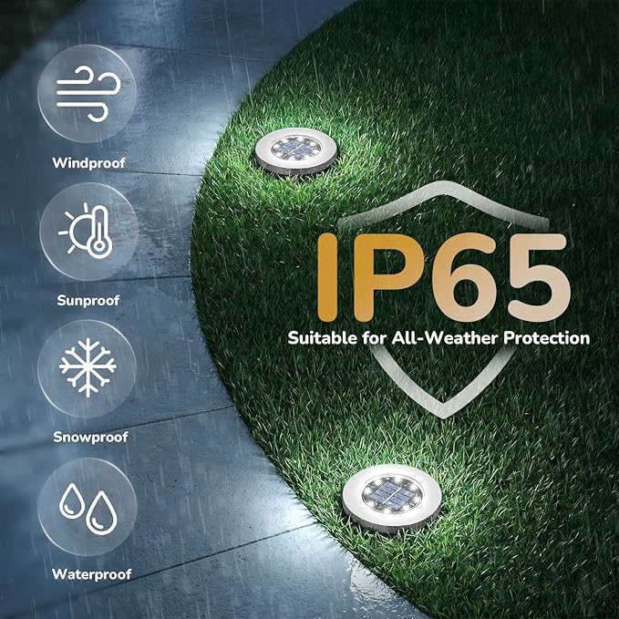 INCX 12 Pack 4.6 Inch Solar Ground Lights Outdoor, Waterproof, Cold White | 8 LEDs, 600mAh Ni-MH battery, 8-10 hr runtime, stainless steel and ABS body, garden lights for pathways, lawns and driveways