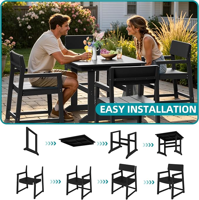 JAMFLY 5 Piece Outdoor Dining Set, All Weather Patio Table and Chairs for Backyard Garden Deck Lawn Pool, Sturdy All Weather Outdoor Furniture Set, Black