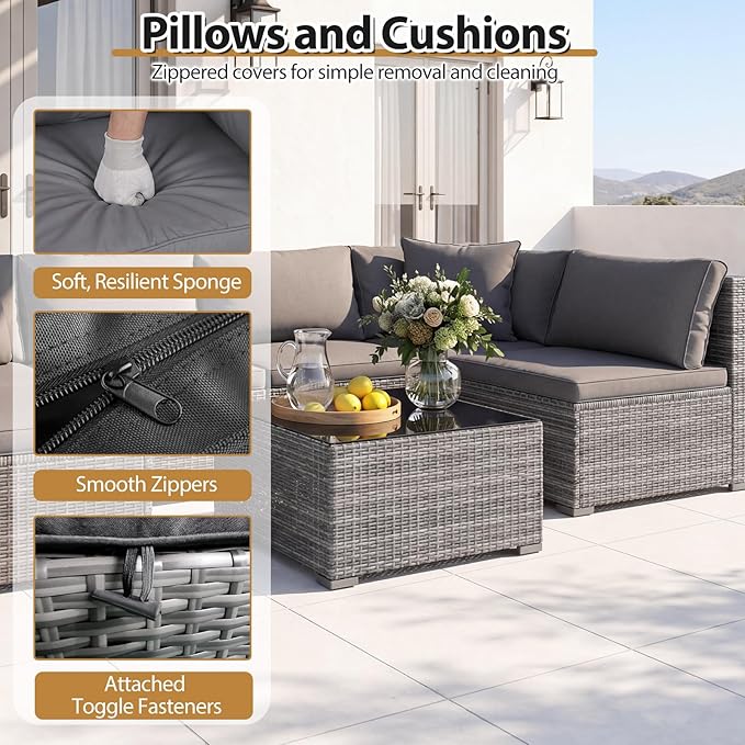 Tangkula 7 Pieces Wicker Patio Furniture Set, Outdoor Sectional Rattan Sofa Set with Seat & Back Cushions, Pillows, Coffee Table, Modular Conversation Set for Backyard, Poolside, Deck & Garden, Grey