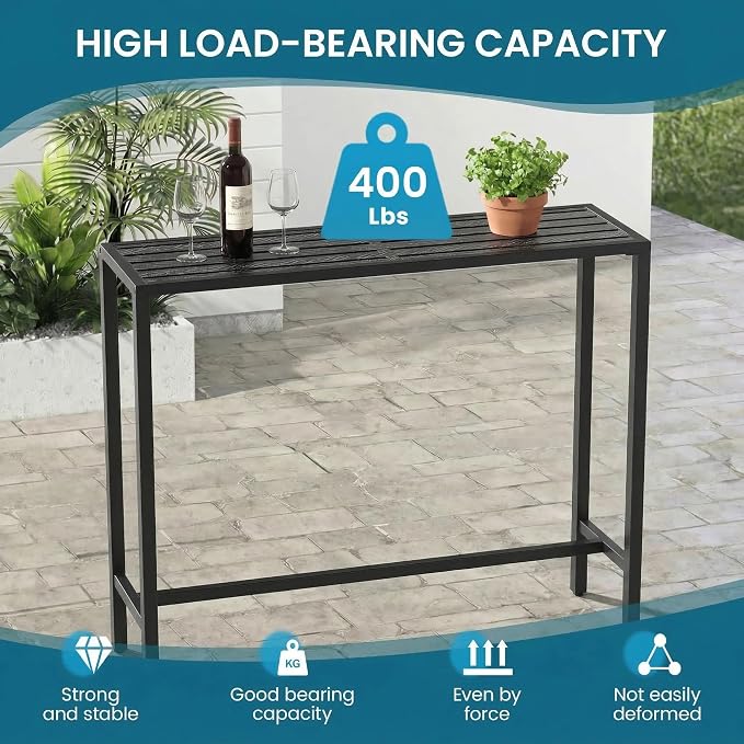 Outdoor Bar Table, 45in Bar Height Table, Black Metal Frame with Weatherproof Top, HDPE Outdoor Furniture for Patio, Hot Tub, Party, Balcony, Indoor