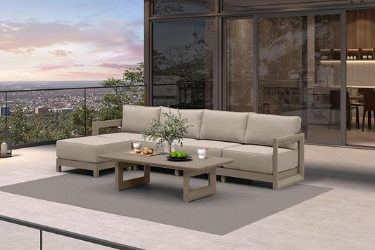 PURPLE LEAF Patio Furniture Set L-Shaped Outdoor Couch with 9.6" Thick Cushion and Soft Pillows 6 Piece Outdoor Sectional Sofas with Table Modern Outdoor Conversation Sets for Yard Porch Deck, Khaki