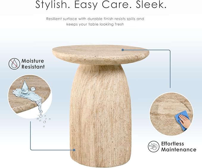 24/7 Shop at Home Ranera Modern 17-inch Natural Stone Side Table with Round Pedestal Base, Marble Nightstand, Fluted Patio End Table, for Living Room, Covered Outdoor Spaces, Light Brown Travertine