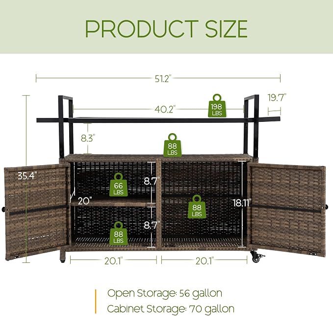 Wicker Outdoor Bar Cart - Brown Patio Console Table Buffet Storage Cabinet Serving Kitchen Cart with Wheels for Outside Backyard