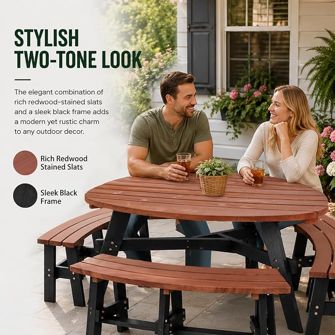 6-Person Semi-Circular Fir Wood Picnic Table, Brown Top/Black Legs, 3 Built-in Benches & Umbrella Hole, Patio