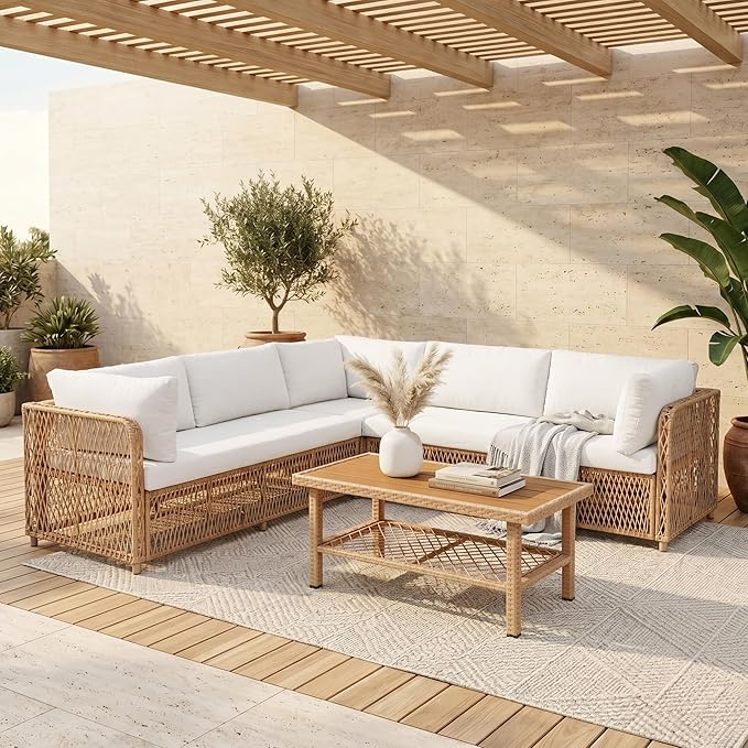 Patio Furniture Set 6-Seater Large Outdoor Sectional Modular L-Shaped Outdoor Furniture with Thick Cushion All Weather Wicker Boho Patio Conversation Sets for Deck, Backyard