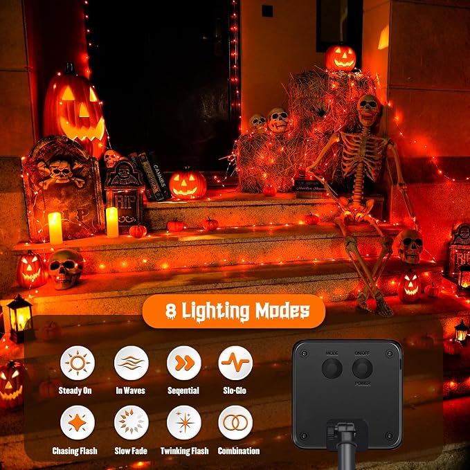 JMEXSUSS 2 Pack Solar Halloween Lights, 33FT 100 LED Orange Fairy Lights | Outdoor Waterproof, 8 Modes Solar String Lights for Outside Tree Party Patio Garden Christmas Halloween Decorations