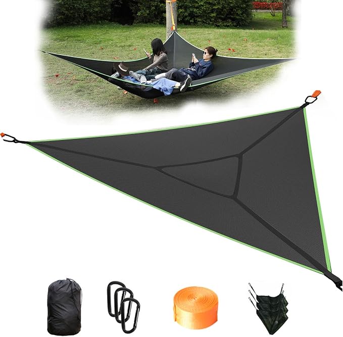 Multi-person triangular hammock, aerial camping hammock, suspended type, suitable for outdoor adventures, hiking, backyards, and gardens, includes straps, buckles, and storage bag (Black, 157in*157in)
