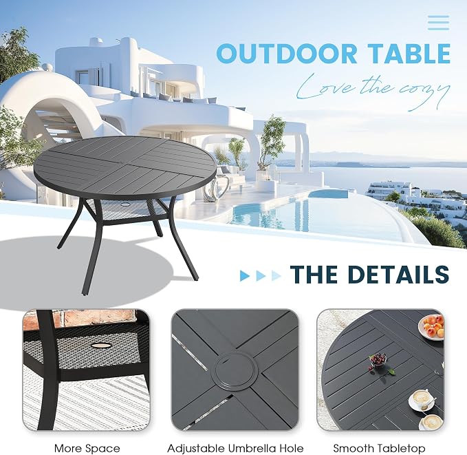 5 Pieces Patio Furniture Dining Set, 4 Textilene Swivel Dining Chairs, 41" Outdoor Round Metal Table with Storage Shelf and 1.57" Umbrella Hole, Outdoor Dining Set for Porch, Lawn, Black/Black