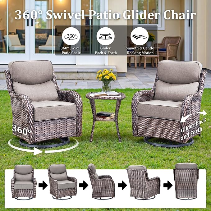 Luxury High Back Patio Furniture Set with 6-Inch Thick Cushions, 9-Pieces Outdoor Furniture with Swivel Chairs, Wicker Conversation Set for Porch, Balcony, Deck and Yard, Brown/Grey