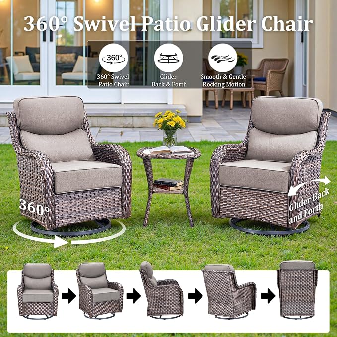 Luxury High Back Patio Furniture Set with 6-Inch Thick Cushions, 4-Pieces Outdoor Furniture with Swivel Chairs, Wicker Conversation Set for Porch, Balcony, Deck and Yard, Brown/Grey
