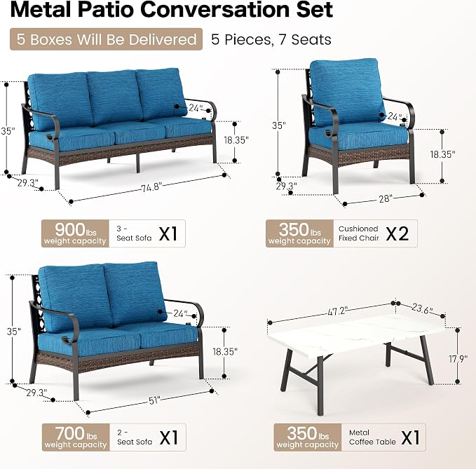 SUNSHINE VALLEY 5 Piece Metal Outdoor Patio Furniture Set, Patio Conversation Sets 3-Seater Sofa, 2-Seater Sofa, 2 Fixed Chair with 5.75" Thick Cushion & Coffee Table Black Backyard Furniture, Blue-2