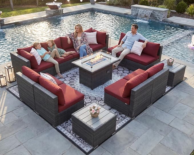 NICESOUL 13 Piece Outdoor Sectional Furniture with Firepit, Contemporary Back Yard Fireplace w/Seating Area, Plus Size 29.3'' High Back Patio Set, All-Weather Wicker Couch for Exterior, Gray & Red