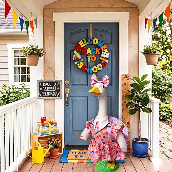 Back to School Porch Goose Outfit for 23" Plastic Statue, Lawn Porch Goose Clothes with Schoolbag and Pencil for School Classroom Outdoor Garden Yard Patio Statue Art Decor
