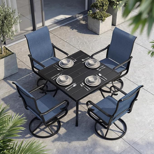 NUU GARDEN 5-Piece Outdoor Dining Set, Metal Swivel Chairs for 4 | All-weather blue patio furniture set for 4. Breathable textilene swivel rockers. Metal table with umbrella hole