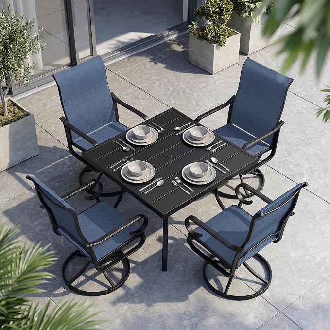 NUU GARDEN 5-Piece Breathable Textilene Outdoor Dining Set, Slatted Outdoor Table and Chairs with Swivel Base, All Weather Patio Furniture Set with Umbrella Hole for Backyard, Garden, Blue