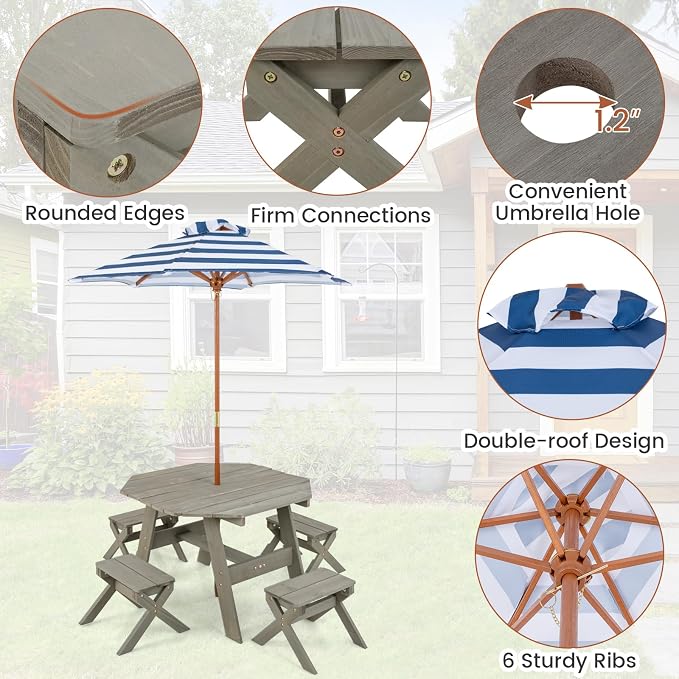 KOTEK Kids Picnic Table, Fir Wood Foldable Toddler Octagon Table and Chairs with Height Adjustable Umbrella, Indoor Children Art Play Table, Activity Kids Outdoor Table for Backyard & Patio (Grey)