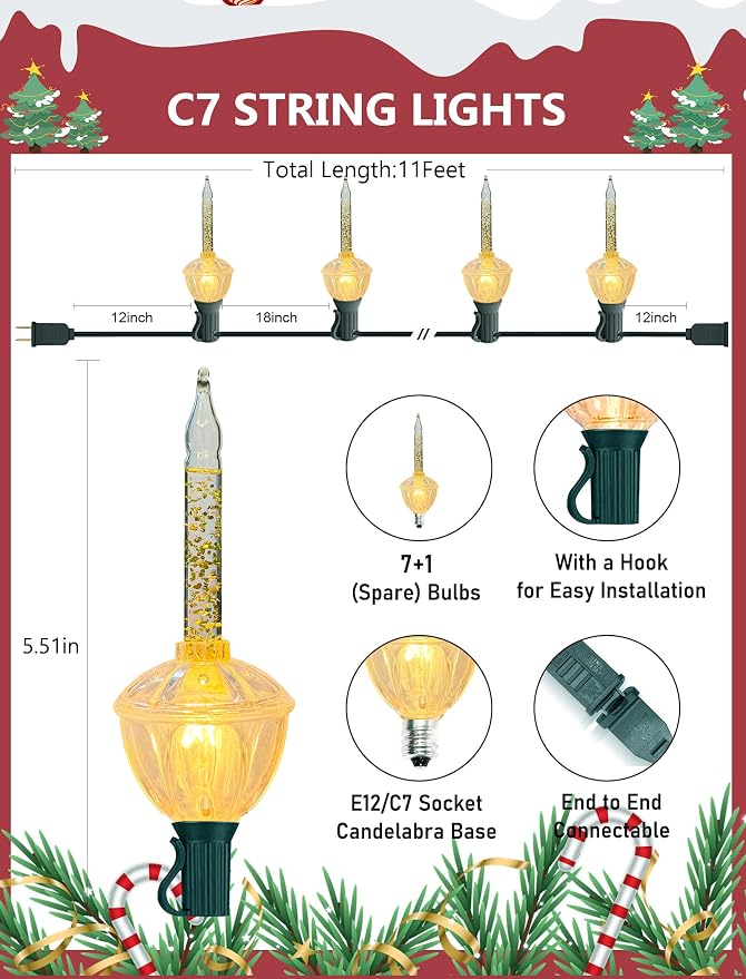 11Ft Golden Christmas Bubble Lights Set, Vintage Christmas Decorations with 8 Golden Glitter Lights (1 Spare), Bubble Lights UL Listed for Christmas Tree Holiday Party Outdoor Lighting Decor