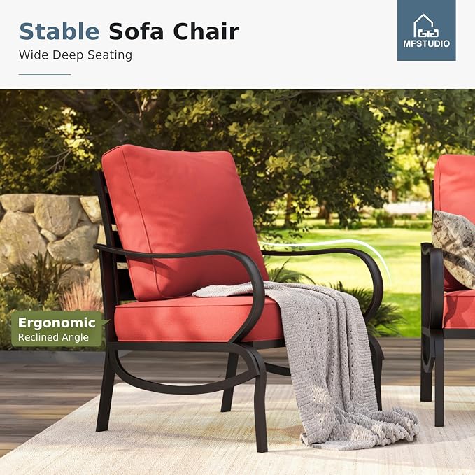 MFSTUDIO 5 Pieces Patio Conversation Sets, 7 Seats Metal Patio Furniture Sets with 1 x 3-Seat Sofa, 2 x Sofa Chairs, 2 x Ottoman, All Weather Steel Patio Sets with 5.75inch Red Cushion for Garden