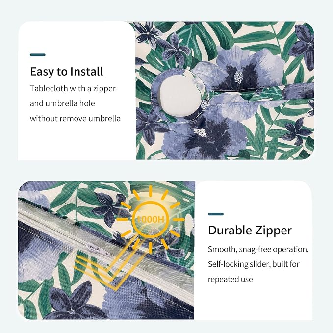 DYTXIII Outdoor Round Tablecloth with Umbrella Hole 60 Inch, Water Repellent & Fade Resistant Table Cover, All Weather Outdoor Tablecloth for Garden & Party Table, Blue Salmone Tropical