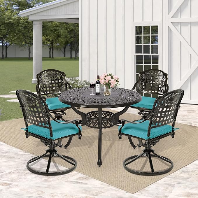5 Piece Patio Dining Set, Outdoor Table and Chairs Set for 4 Cushioned Swivel Rocking Chairs and 38.5'' Round Table, All-Weather Cast Aluminum Patio Funiture Set, 2'' Umbrella Hole, Blue