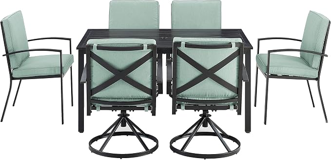 Crosley Furniture Kaplan 7-Piece Outdoor Dining Set for 6, Patio Table and Chairs for Backyard, Deck, Oiled Bronze with Mist Cushions
