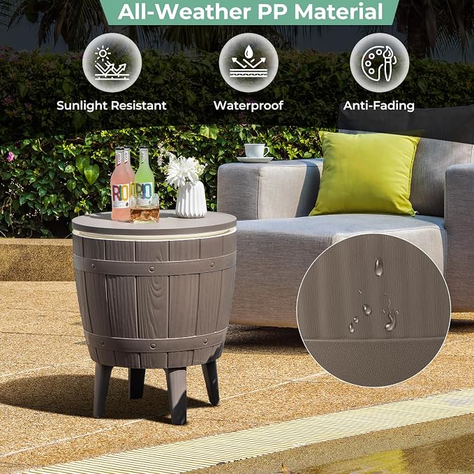 Moccha Outdoor End Table Cooler - 10 Gallon Cooler Side Table with Height Adjustable Tabletop, 3-in-1 Ice Bucket for Beer & Wine Storage, Cocktail Patio Bar Table for Deck Pool Backyard Party (Brown)