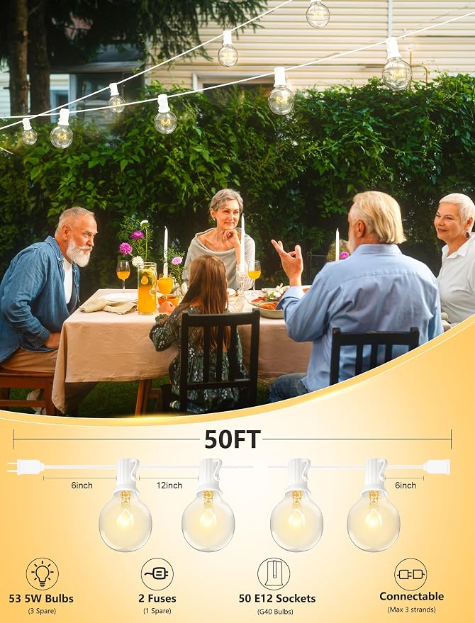 SUNSGNE 50Ft Outdoor Patio String Lights G40 Connectable Globe Lights with 53 Clear Globe Bulbs(3 Spare) for Indoor Outdoor Commercial Decor, 50 Hanging Sockets, 5W/E12 Base, White