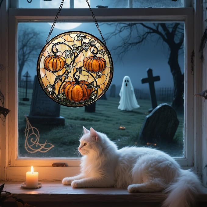 DASTOLL Stained Glass Window Hanging - Halloween Decoration Orange Pumpkin Vine Leaves Suncatcher for Door Garden Spooky Sun Catchers Gothic Decor Horror Gifts for Women Men Friend Boy Girl 11.8 in