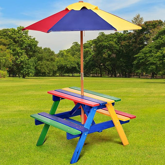 KOTEK Kids Picnic Table, Wooden Outdoor Table and Bench Set with Umbrella, Children Patio Furniture for Eating & Playing, Toddler Picnic Table for Backyard Garden, Gift for Boys Girls (Rainbow)