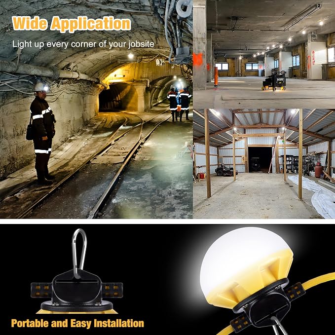 100FT Construction String Lights, IP65 Waterproof ETL Certified LED String Work Lights, 5000K Daylight 18AWG Wire Linkable Temporary Construction Lighting for Jobsite with 10 Bulbs & Hooks