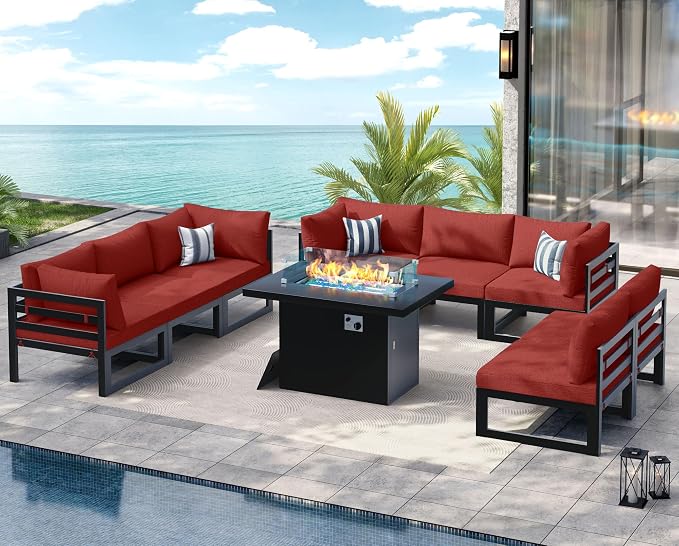NICESOUL 8 Seat Modern Aluminum Patio Furniture Set with Fire Pit Table, 500 lbs Heavy Duty Outdoor Sectional Sofa, 29" Deep Wide Oversized Seating L Shaped Conversation Couch for Deck Lawn, Burgundy