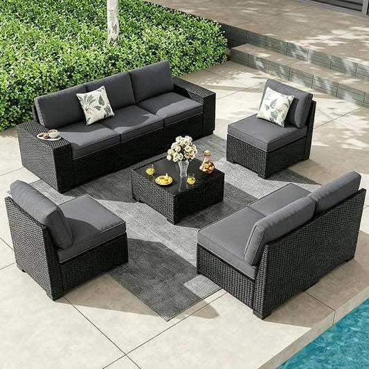 8 Pieces Patio Furniture Set, Outdoor Couch Sofa with Wider Armrests & Glass Coffee Table, Outdoor Sectional Furniture with Thick Cushions for Party, Poolside,Garden-Gray