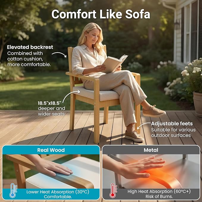 FansaFurn Acacia Patio Chairs Set of 4 for All-Weather, Solid Wood Outside Furniture with 3.1" Thick Cushions, Modern Outdoor Chairs for Backyard, Porch, Garden, Indoor Use, Brown