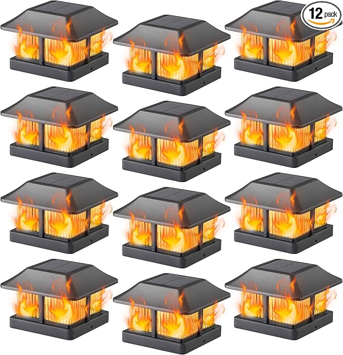 Dynaming 4x4 Solar Flame Post Cap Lights Outdoor, Solar Powered Fence Post Light, Flickering Flame LED Lantern Lamps Waterproof for Garden Deck Patio, Fit Wooden/Vinyl Posts, 12 Pack