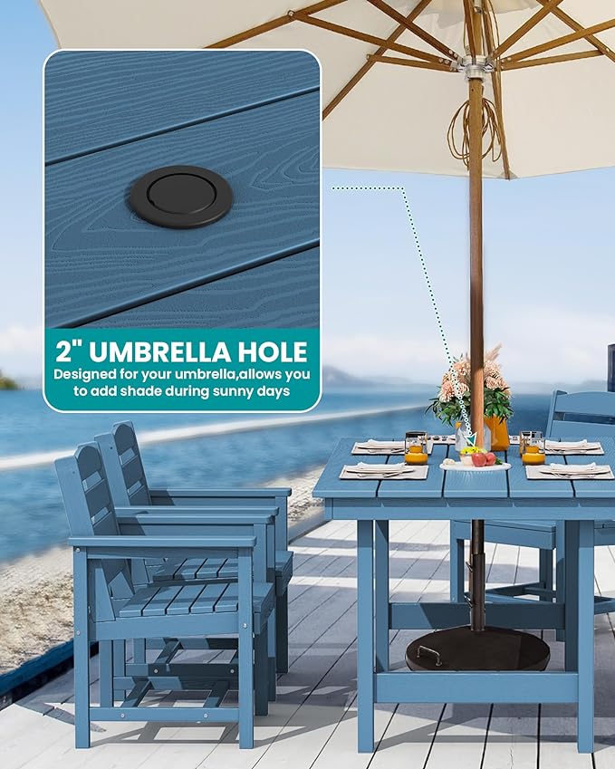 SERWALL 5 Pcs HDPE Patio Dining Set w/Umbrella Hole Table & 4 Chairs, Blue | HDPE Outdoor Dining Set with Rectangular Table & 4 Chairs, All-Weather Patio Dining Furniture