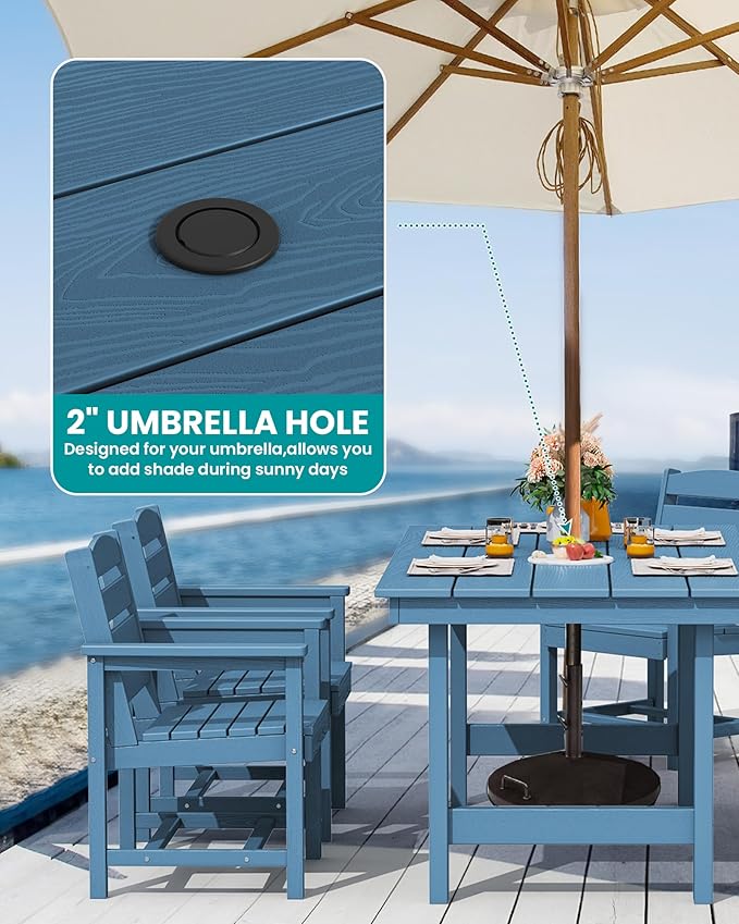 SERWALL 7 Pcs Outdoor Dining Set, 1 Umbrella Hole Table & 6 Chairs, Blue | HDPE Outdoor Dining Furniture with Rectangular Table & 6 Chairs, All-Weather Resistant SERWALL Dining Set for 6