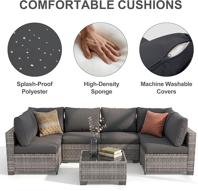7-Piece Modular Outdoor Sectional Wicker Patio Furniture Set | All-Weather Conversation Set w/ Glass Coffee Table for Backyard, Garden, Poolside (Grey PE Rattan + Grey Cushions)