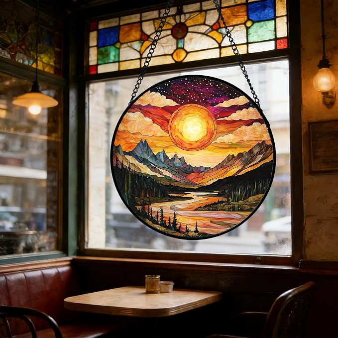 DASTOLL Stained Glass Window Hanging, Dusk Sunset Landscape Sun Catchers Glass Panel Lakes and Mountains Suncatcher Decor for Birthday for Women, Men, Wife, Aunt, and Mom 9.8 in