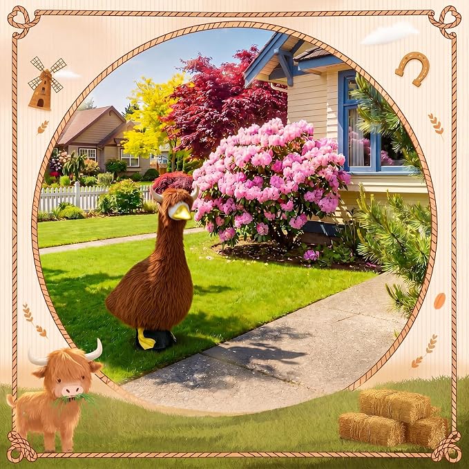Porch Goose Outfit Highland Cow Goose Dress Clothes Farm Cow Costume with Horns for 23" Gooses Statue Decoration Patio Yard Garden Lawn Outdoor Decors