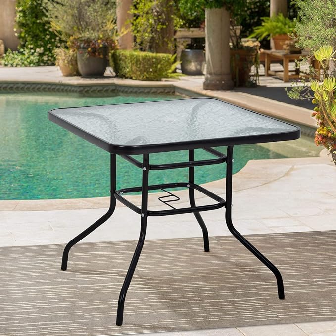 Outdoor Patio Table with Umbrella Hole, 32 inches Tempered Glass Top Square Patio Table,Conversation Coffee Table Metal Steel Frame All-Weather Furniture for Balcony, Backyard and Poolside