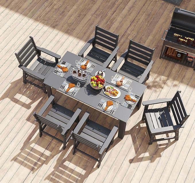 BRIOPAWS Outdoor Dining Table | HDPE | 67” Patio Rectangle Tables | All Weather | Umbrella Hole | Patio Furniture Set for 4-6 Person | Grey