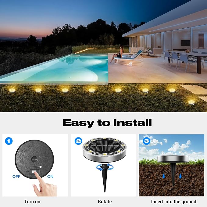 Mini Solar Ground Lights Outdoor, 4 Pack Flat Solar Powered Disc Lights, IP68 Waterproof, Anti-Rust, Landscape Lighting for Pathway Garden Yard Lawn Walkway Landscape Driveway, Warm White