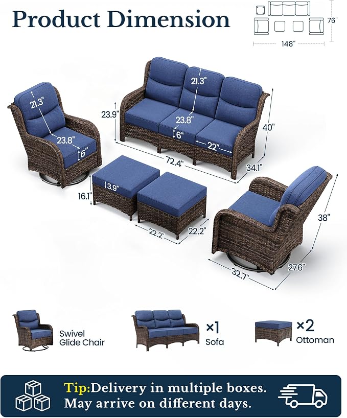 HILLGA Luxury High Back Patio Furniture Set with 6-Inch Thick Cushion, 5-Piece Outdoor Conversation Set with Sofa, Swivel Rocker Chairs & Ottomans, Ideal for Porch Pool Deck Yard (Blue)