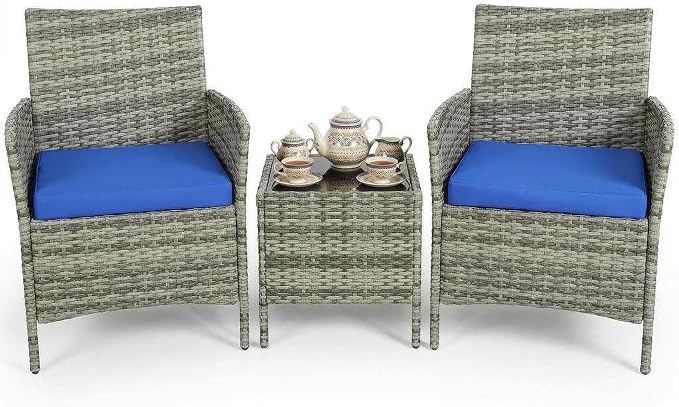 3 Piece Patio Furniture Set, Outdoor Patio Wicker Sofa Set with Upholstery and Glass Storage Coffee Table, All Weather Conversation Rattan Set for Garden, Porch, Lawn, Pool