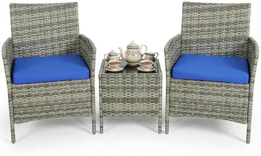3 Piece Patio Furniture Set, Outdoor Patio Wicker Sofa Set with Upholstery and Glass Storage Coffee Table, All Weather Conversation Rattan Set for Garden, Porch, Lawn, Pool