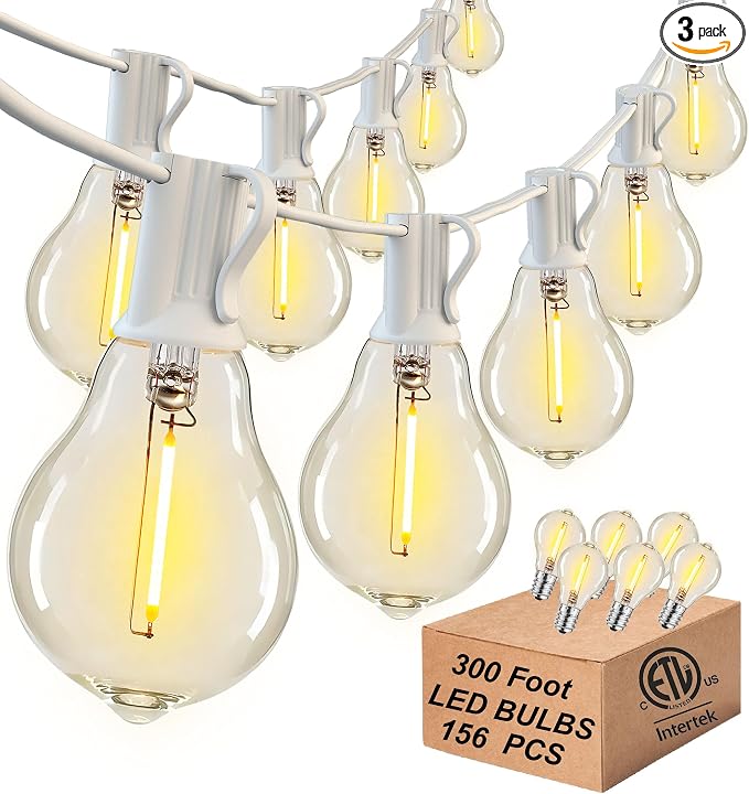 Outdoor String Lights White 300FT Waterproof Lights for Patio Wedding Porch | 2FT Bulbs Apart, 3x100FT Connectable White Outside Lights with 156 Shatterproof Dimmable Edison Bulbs for Garden Bistro Party