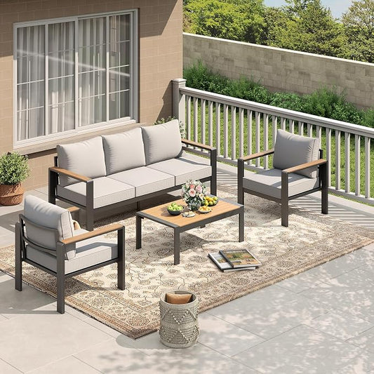 Garvee Aluminum Patio Furniture Set 5 Seats, Generous Outdoor Sectional with Washable Thick Cushions and Coffee Table, Patio Conversation Sets for Porch, Balcony, Deck, Yard